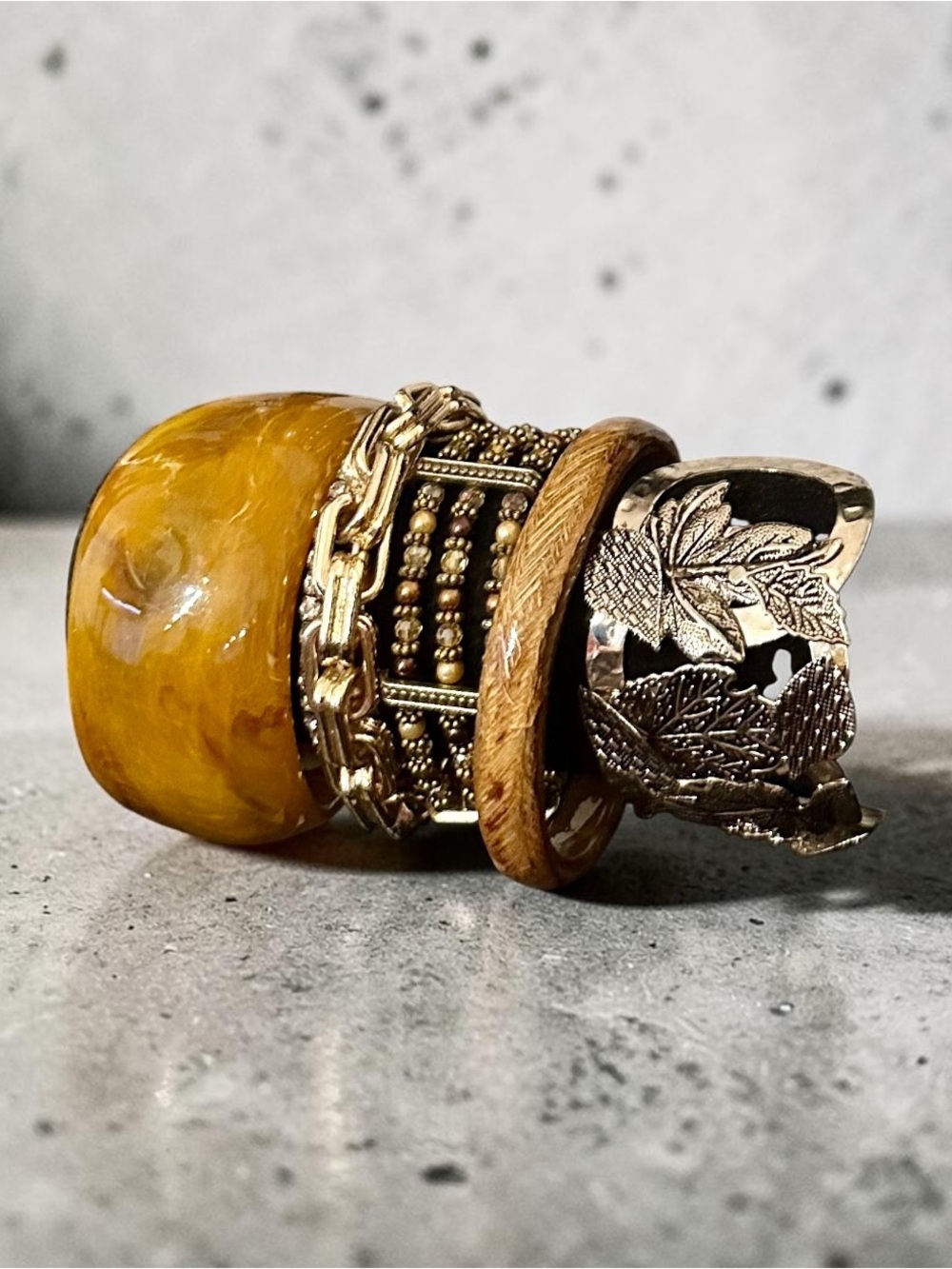 Boho Chunky Gold Amber Bracelet Stack Set Leaf Cuff Textured Wood Resell 6Pc